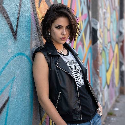 Photograph of a young woman with short black hair, wearing a black leather vest and white graphic shirt, leaning against a colorful graffiti-covered wall. Urban