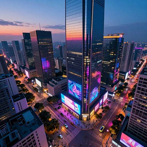 Aerial photograph of a vibrant, neon-lit, modern cityscape at dusk with towering skyscrapers, colorful digital billboards, and bustling streets