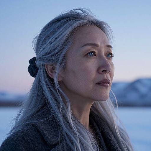Photograph of a middle-aged Asian woman with long, silver hair, wearing a dark, textured coat, gazing into the distance against a cold,