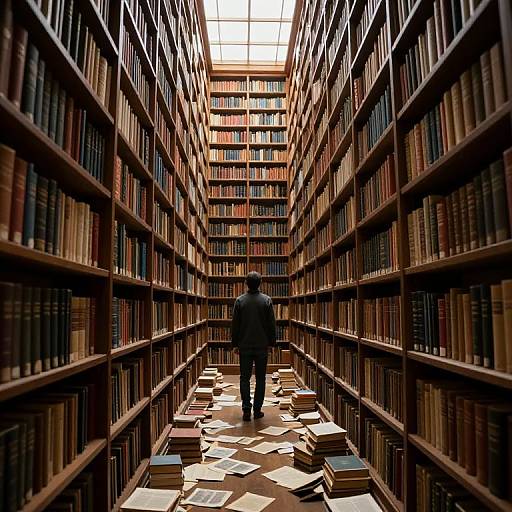Photograph of a lone person in a dimly lit, expansive library aisle, standing amidst scattered books, surrounded by tall wooden shelves filled with books,
