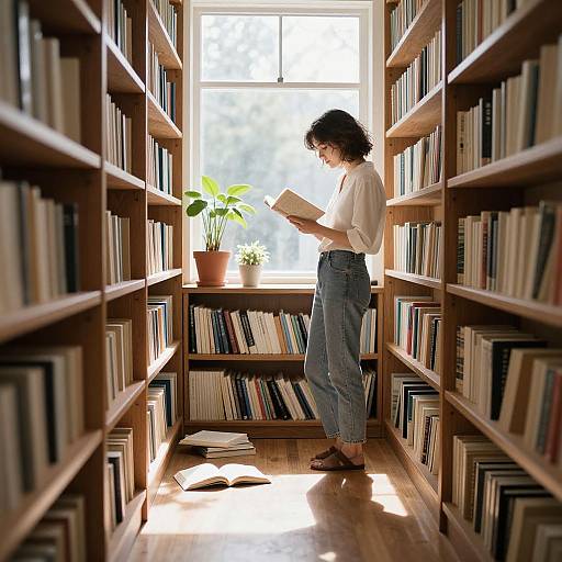 Photograph of a curly-haired woman in white blouse and blue jeans, reading a book in a sunlit library aisle.