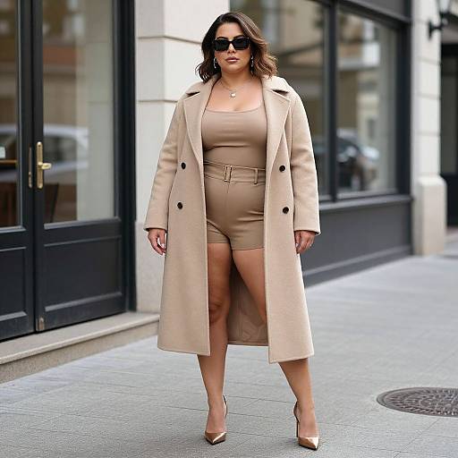 Photograph of a confident, curvy woman with medium skin tone, dark hair, wearing a beige coat, matching dress, and heels, walking on