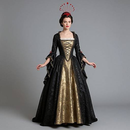 Photograph of a fair-skinned woman in an elaborate Victorian-style black and gold gown with lace, corset, and red-tipped headdress.