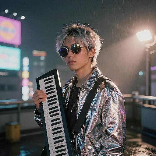Synthwave Musician on Neon Tokyo Rooftop