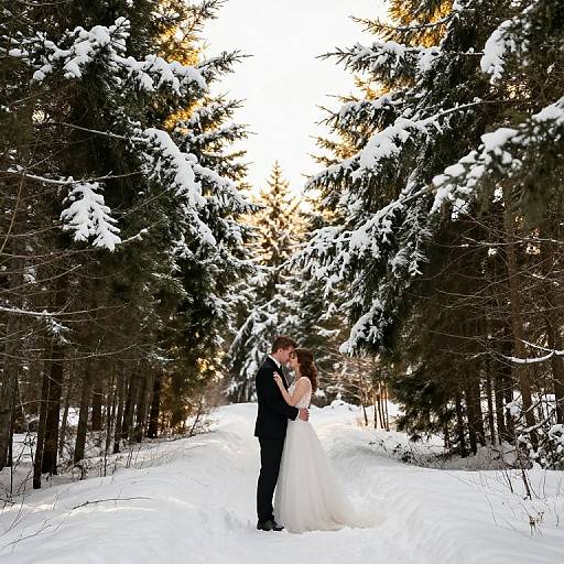 Photograph of a bride in a white gown and groom in a black suit kissing in a snowy forest with snow-covered trees.