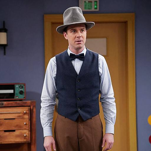 Photograph of a Caucasian man with medium build, wearing a gray hat, white striped shirt, black vest, brown pants, and black bow tie,