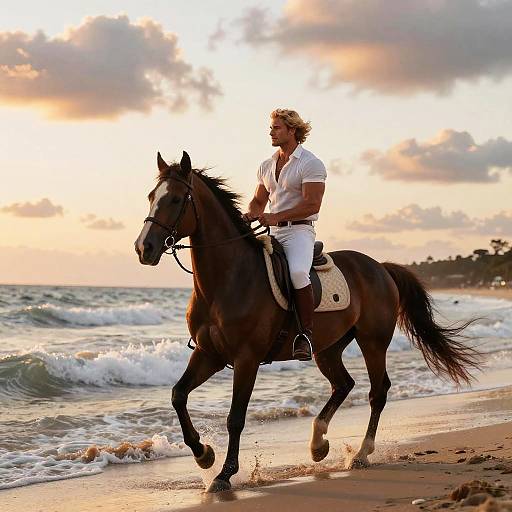 Photograph of a muscular, blonde man in a white shirt and pants riding a brown horse along a sandy beach at sunset.