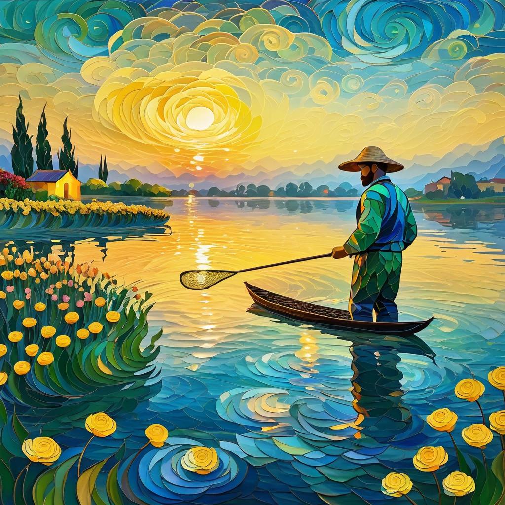 Serene Fisherman at Sunrise in Van Gogh Style