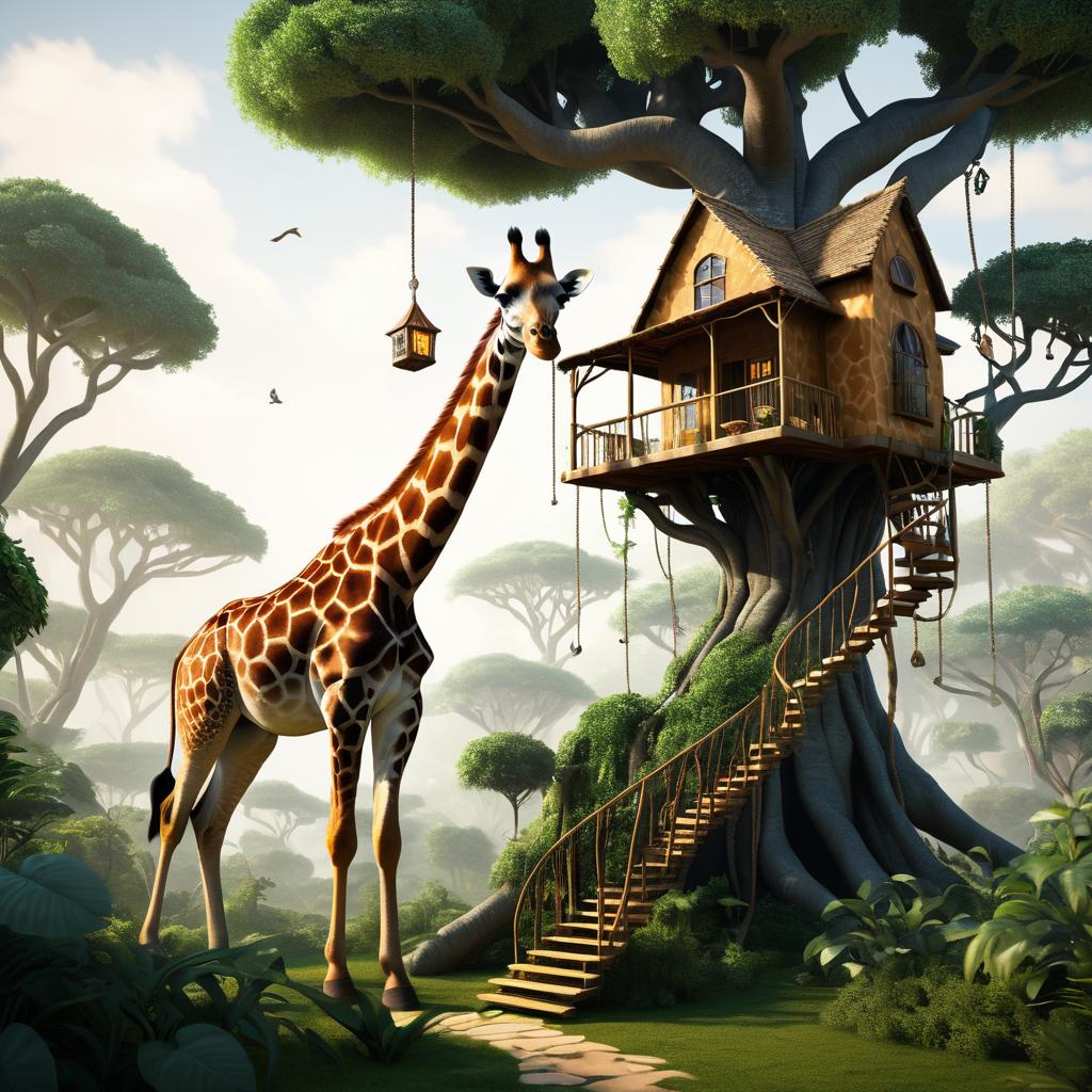 Surreal Giraffe-Treehouse in Enchanted Jungle