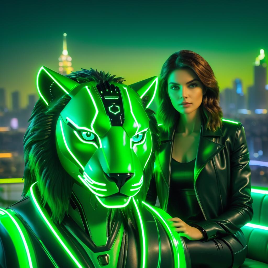 Couple with Robotic Lion in Neon City