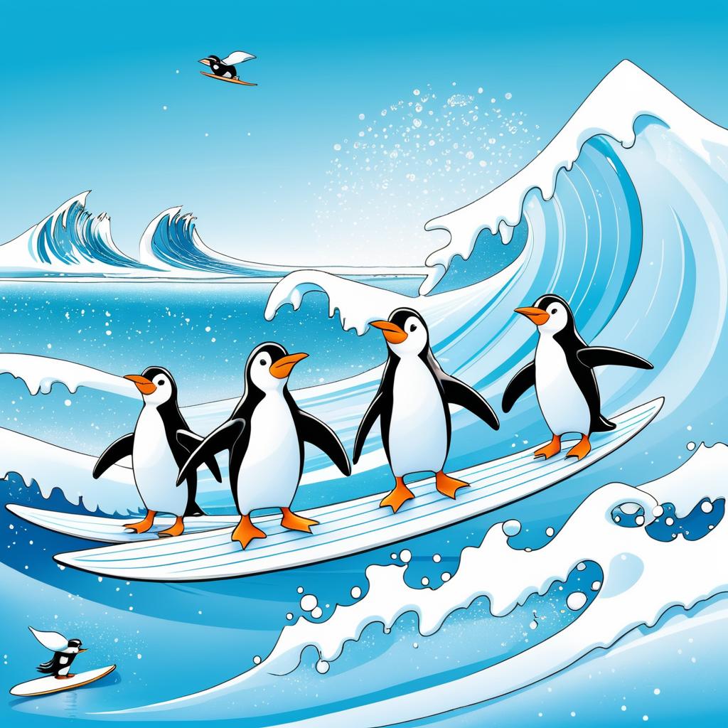 Adventurous Penguins Surfing Icy Waves