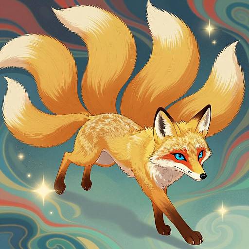 Illustration of Nine-Tailed Fox with Blue Eyes