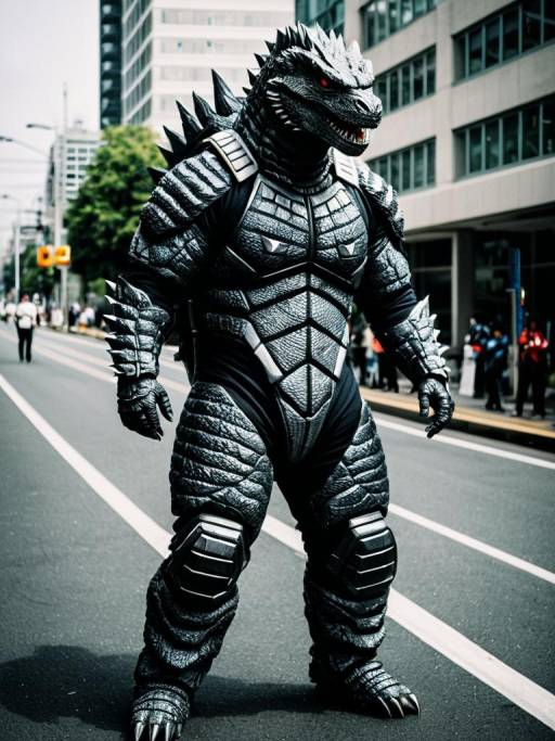 Man in Detailed Godzilla Costume on City Street