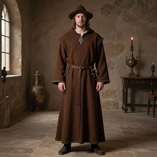 Photograph of a bearded man with shoulder-length hair, wearing a brown medieval robe and hat, standing in a dimly lit stone room with a