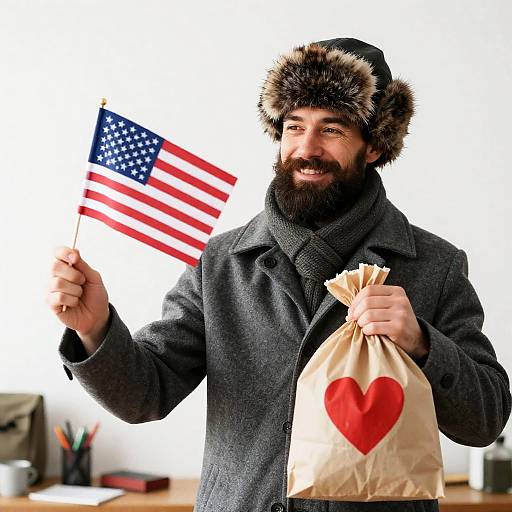 Cheerful Bearded Man with Flag