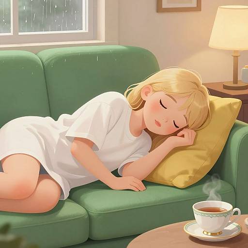 Blonde girl sleeping on green couch in white shirt, yellow pillow, steamy cup on table, rain outside window, warm lamp light. Digital anime