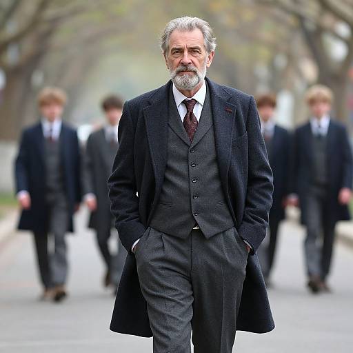Photograph of a distinguished older man with gray beard, wearing a dark three-piece suit, red tie, and overcoat, walking confidently in an autumn