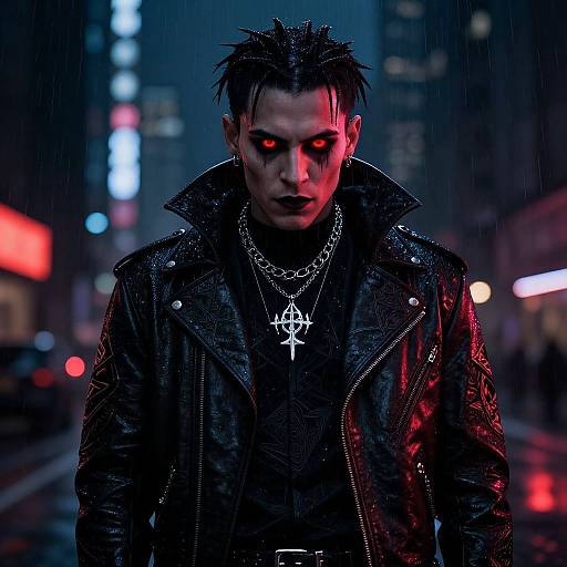 Gothic, cyber-punk male with spiked black hair, glowing red eyes, black leather jacket, silver cross necklace, standing in rainy urban night