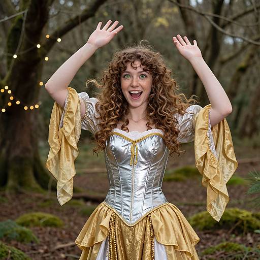 Photograph of a curly-haired woman with green eyes, wearing a silver and gold medieval-style dress, joyfully raising her hands in a forest with soft