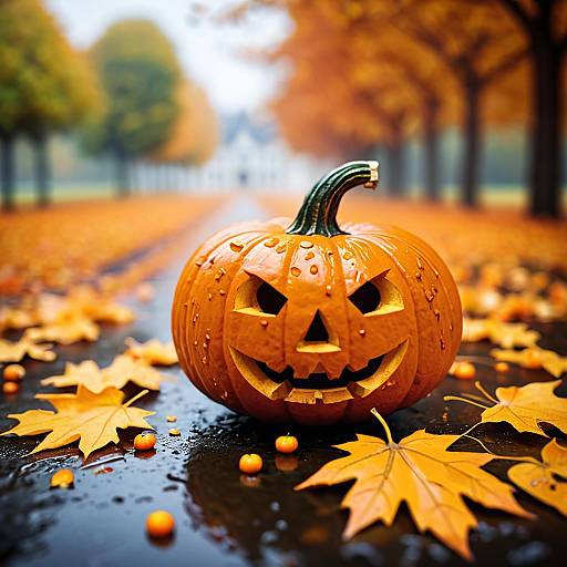 Wet Jack-o'-Lantern Among Autumn Leaves