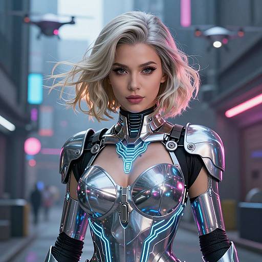Digital artwork of a blonde woman in futuristic, metallic armor with glowing blue patterns, standing in a neon-lit urban alley.