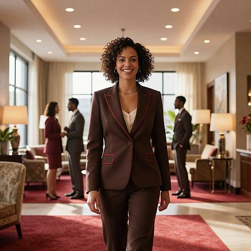 Photograph of a smiling Black woman with curly hair in a brown suit, walking confidently in a well-lit, elegant conference room with red carpet and