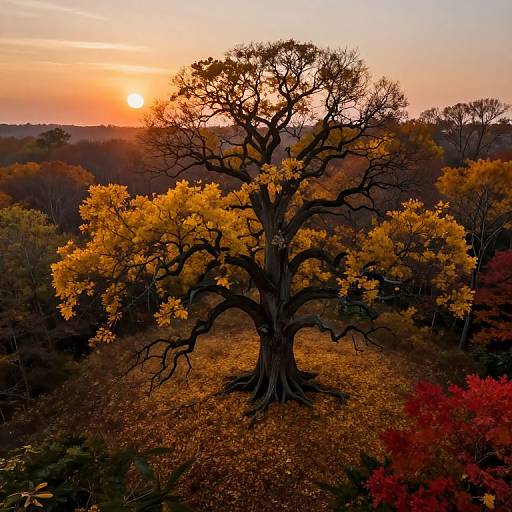 Photograph of a solitary, large tree with golden autumn leaves, silhouetted against an orange sunset, surrounded by a forest of varied autumn-colored