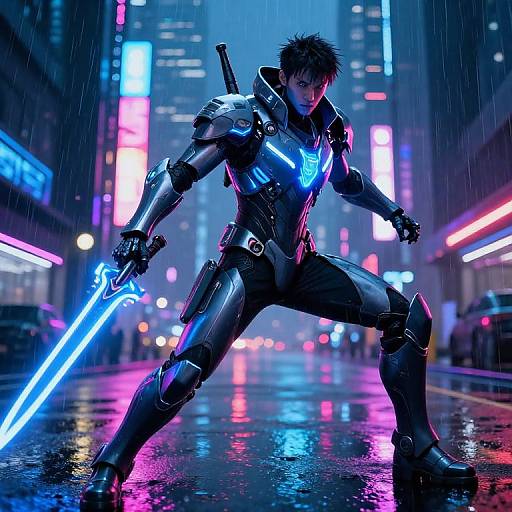 Cybernetic warrior in neon-lit, rain-soaked city street, wielding glowing blue sword, armor illuminated with blue lights, intense stance,