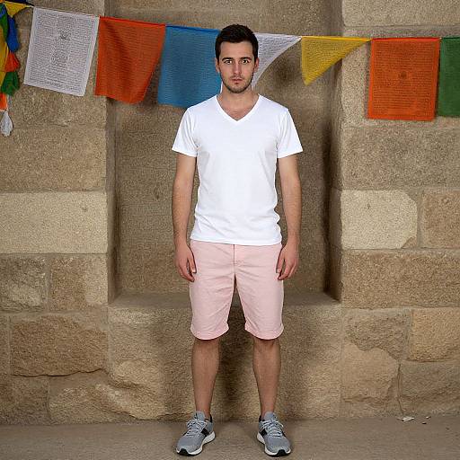 Photograph of a young man with short black hair, light skin, wearing a white t-shirt, pink shorts, and gray sneakers, standing in front