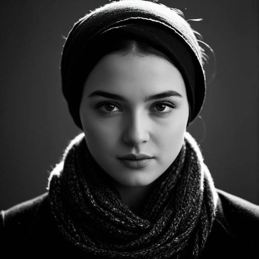 Black and White Portrait of Woman with Scarf and Headwrap