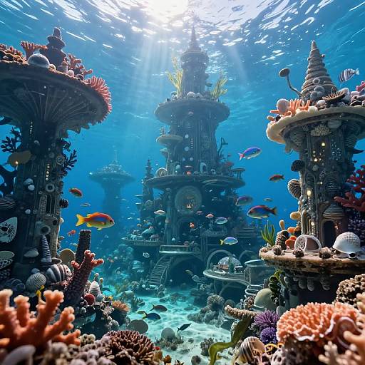 Underwater photograph of a vibrant, coral-filled scene featuring a fantastical, dark, towered structure surrounded by colorful fish and diverse marine life, illuminated