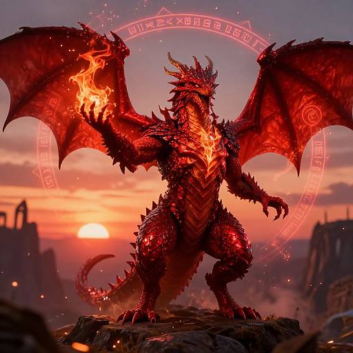 Digital artwork of a fierce, red-scaled dragon with glowing eyes, fiery wings, and an orb of light in a sunset sky.
