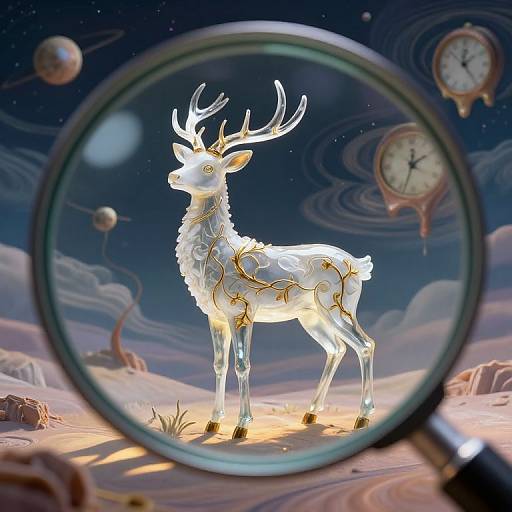 Digital artwork: A glowing white deer with golden accents stands in a surreal, starry landscape through a magnifying glass, with floating clocks and planets in
