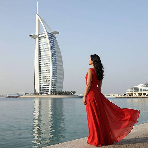 Photograph of a woman in a flowing red dress standing by a calm waterfront, gazing at the iconic Burj Al Arab in Dubai under a clear