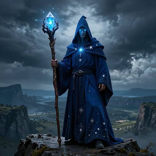 Digital artwork of a blue-robed, hooded wizard with glowing blue eyes and staff, standing on a rocky cliff under a stormy sky.