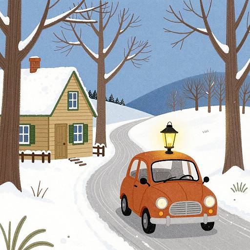 Illustration of an orange vintage car driving on a snowy road, passing a wooden house with green shutters, under a blue sky with leafless trees