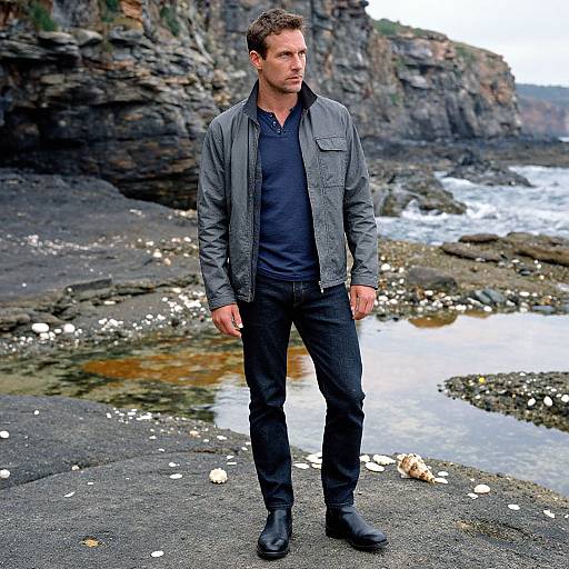 Photograph of a serious, short-haired man in a dark jacket and pants standing on a rocky, coastal shoreline with cliffs and water in the background.