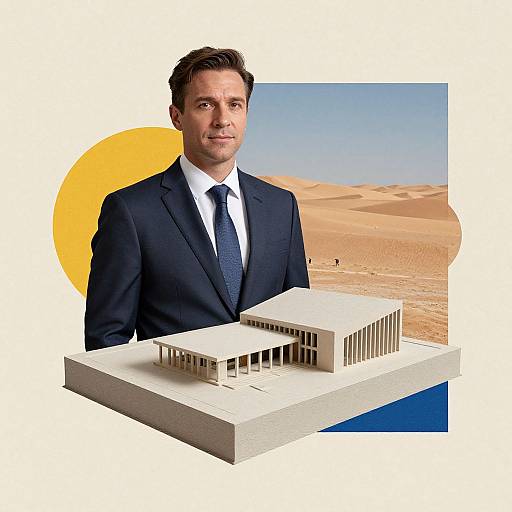 Photograph of a serious man in a dark suit and tie, holding a white, rectangular model building against a desert sunset background with a large yellow sun