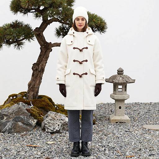 Photograph of a woman in a white coat, black gloves, and hat, standing in front of a Japanese garden with a stone lantern and bonsai