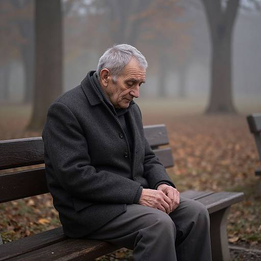 Photograph of an elderly man with white hair, wearing a black coat and pants, sitting alone on a wooden bench in a foggy, autumn park