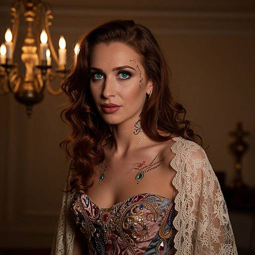 Photograph of a fair-skinned woman with long brown hair, blue eyes, and intricate jewelry, wearing a lace-trimmed, ornate,