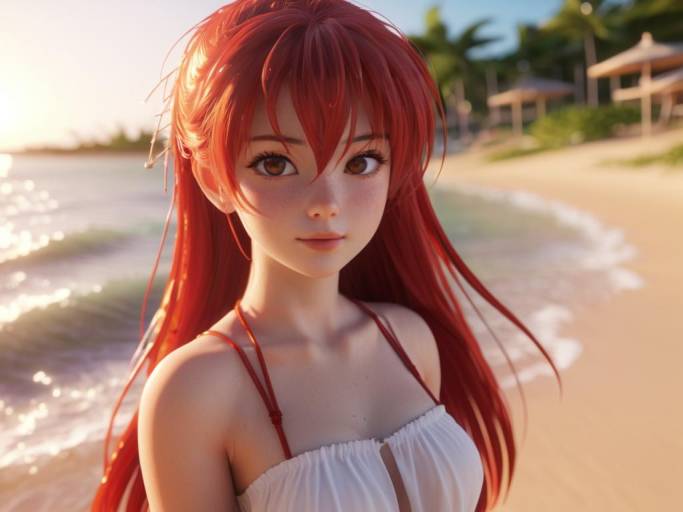 Red-haired Anime Girl on Beach