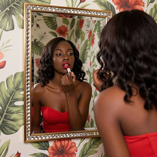 Photograph of a dark-skinned woman with curly black hair, wearing a red strapless dress, applying red lipstick in front of a framed mirror with