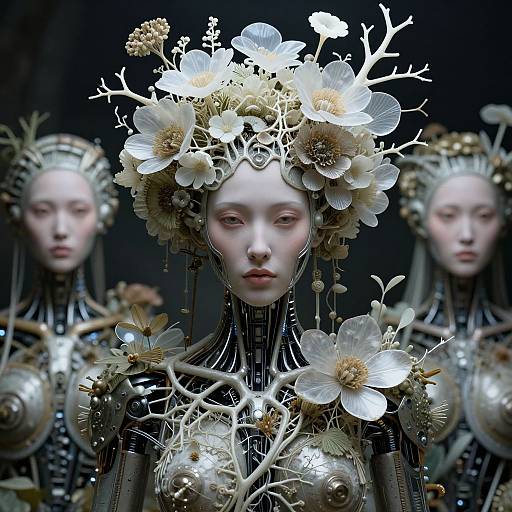 Digital artwork of three pale, ethereal women with flower crowns, metallic necks, and glowing white flowers, set against a dark background.