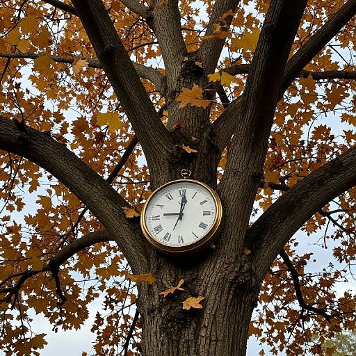 Photograph of a large, vintage clock with black Roman numerals, mounted on the trunk of a tree with autumn orange leaves.