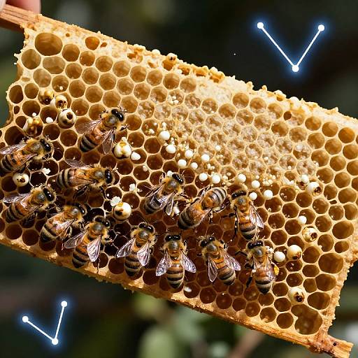Photograph of a honeycomb with numerous busy bees, detailed wings, and striped abdomens, illuminated by blue arrows highlighting the structure.
