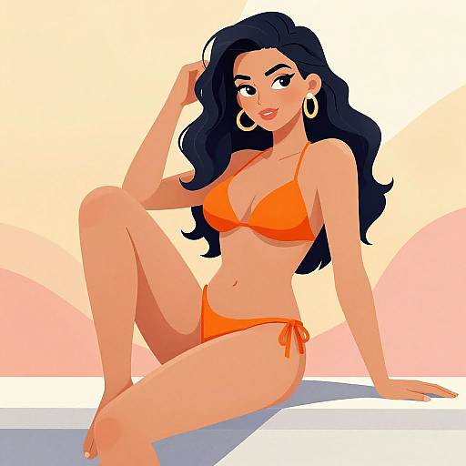 Digital illustration of a curvy, tan-skinned woman with long black hair, wearing an orange bikini, large hoop earrings, sitting on a surface against