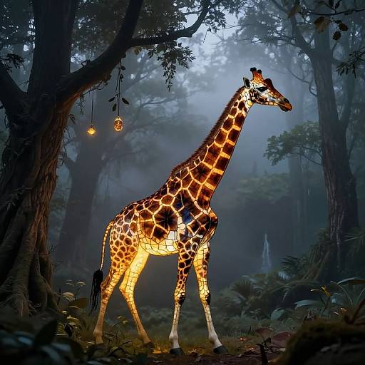 Luminous Stained-Glass Giraffe in Misty Forest