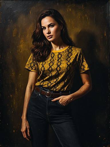 Woman in Yellow Snake-Print T-Shirt and Black Jeans