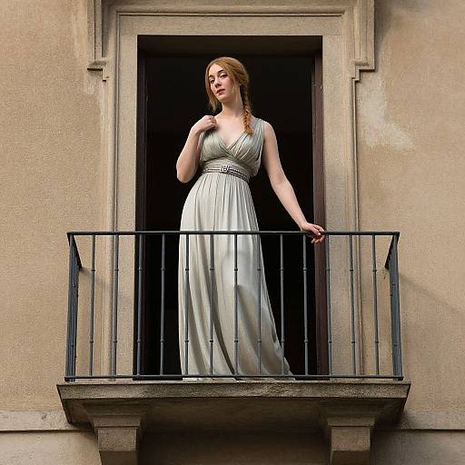Photograph of a fair-skinned woman with red hair, wearing a white, sleeveless, V-neck gown, standing on a stone balcony with black